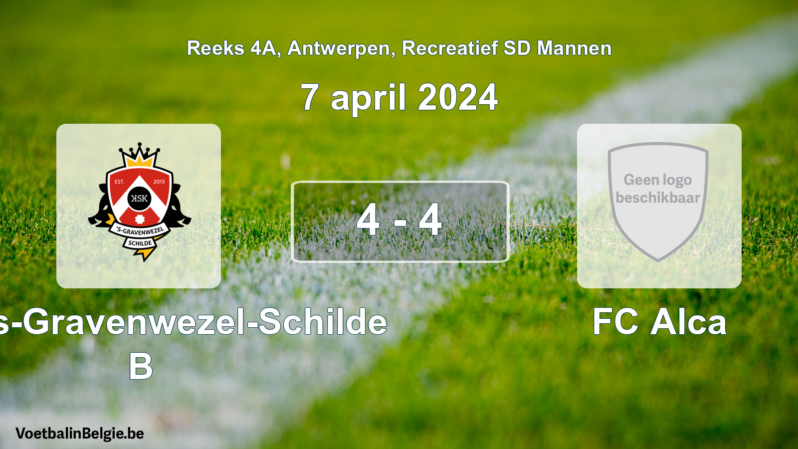 Match joué football récréatif sd hommes: KSK 's-Gravenwezel-Schilde B - FC Alca 4 - 4 (7 avril 2024)