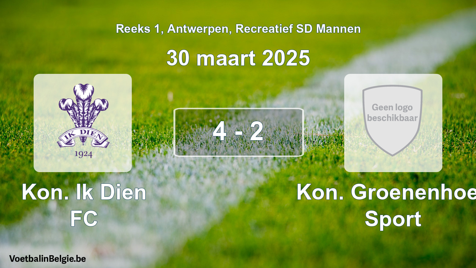 Gespeelde wedstrijd recreatiefvoetbal: Kon. Ik Dien FC - Kon. Groenenhoek Sport 4 - 2 (30 maart 2025)