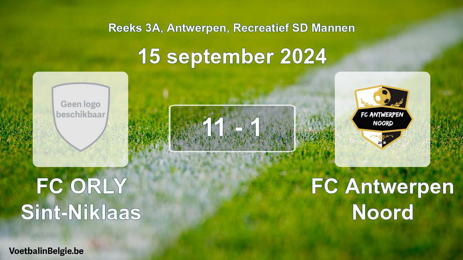 Gespeelde wedstrijd recreatiefvoetbal: FC ORLY Sint-Niklaas - FC Antwerpen Noord 11 - 1 (15 september 2024)