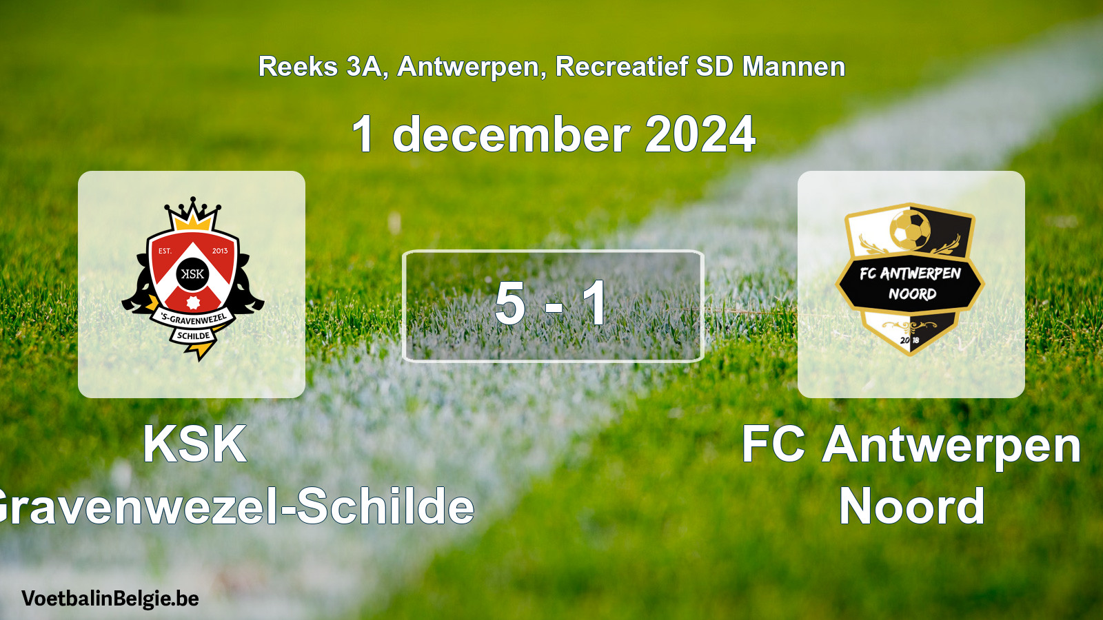Gespeelde wedstrijd recreatiefvoetbal: KSK 's-Gravenwezel-Schilde - FC Antwerpen Noord 5 - 1 (1 december 2024)