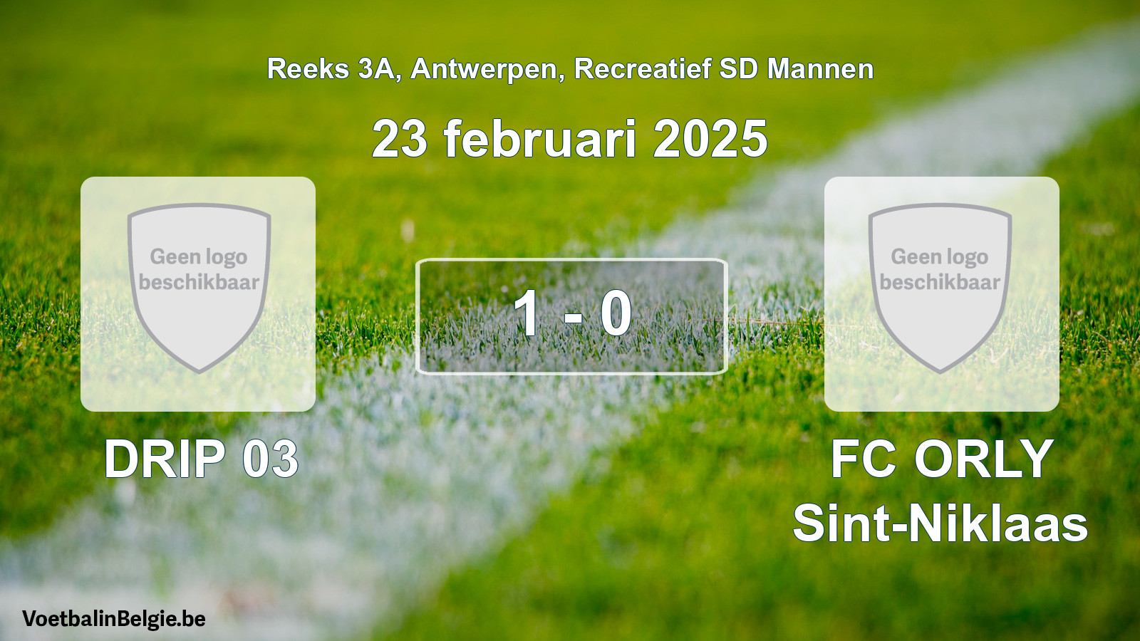 Played match recreational sd men football: DRIP 03 - FC ORLY Sint-Niklaas 1 - 0 (23 February 2025)