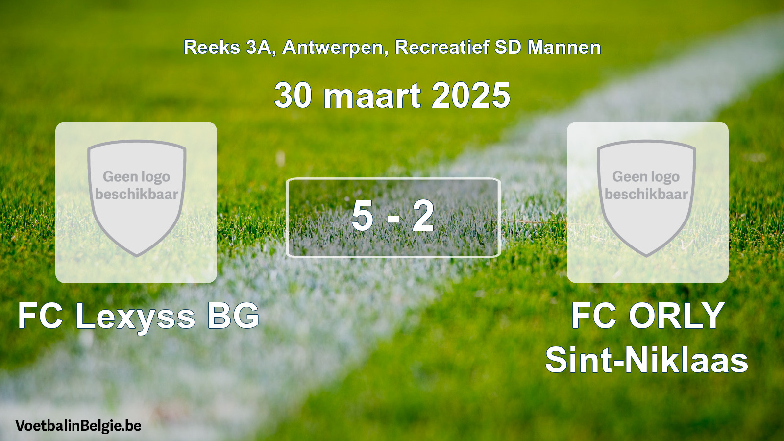 Gespeelde wedstrijd recreatiefvoetbal: FC Lexyss BG - FC ORLY Sint-Niklaas 5 - 2 (30 maart 2025)