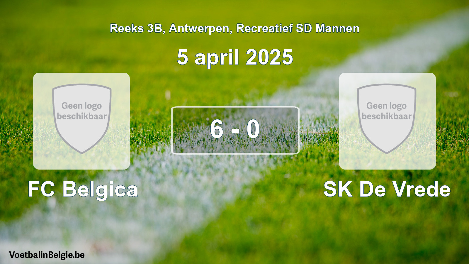 Gespeelde wedstrijd recreatiefvoetbal: FC Belgica - SK De Vrede 6 - 0 (5 april 2025)