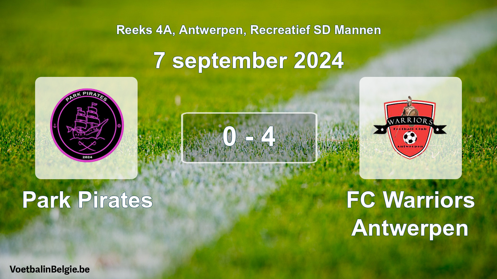Gespeelde wedstrijd recreatiefvoetbal: Park Pirates - FC Warriors Antwerpen 0 - 4 (7 september 2024)