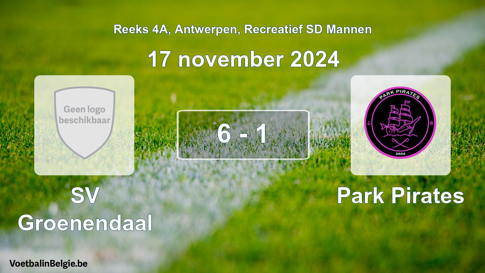 Gespeelde wedstrijd recreatiefvoetbal: SV Groenendaal - Park Pirates 6 - 1 (17 november 2024)