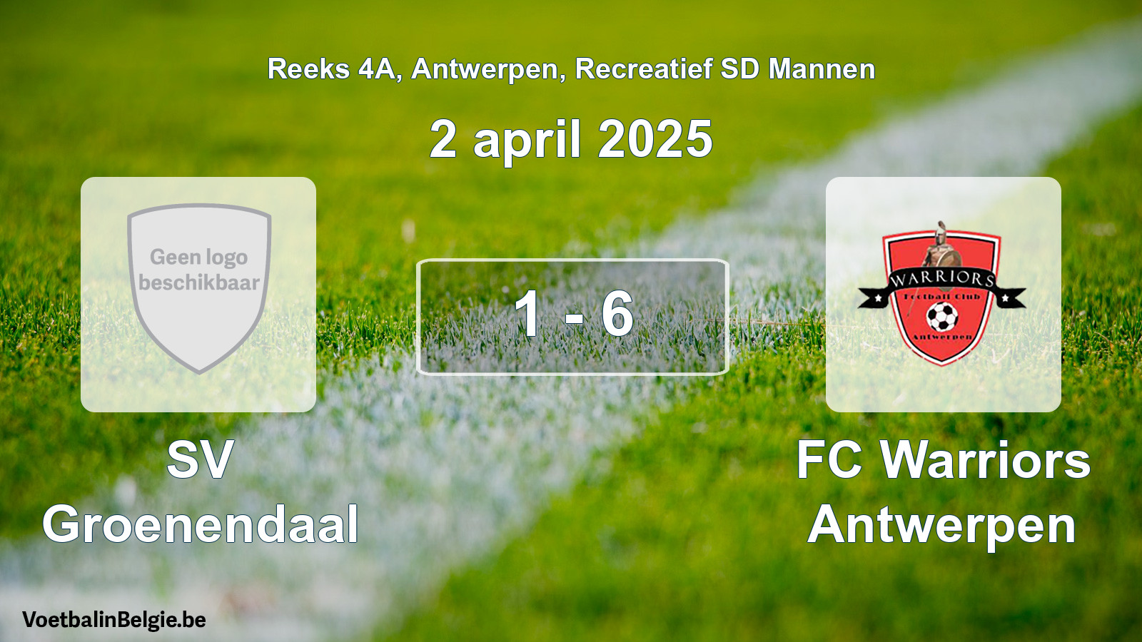 Gespeelde wedstrijd recreatiefvoetbal: SV Groenendaal - FC Warriors Antwerpen 1 - 6 (2 april 2025)