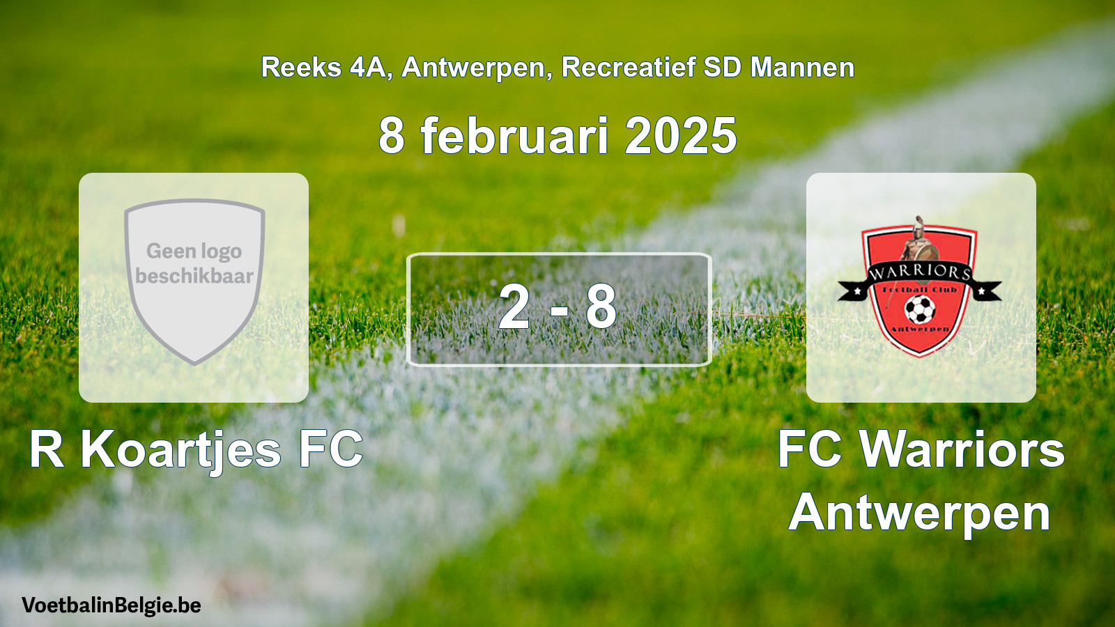 Gespeelde wedstrijd recreatiefvoetbal: R Koartjes FC - FC Warriors Antwerpen 2 - 8 (8 februari 2025)