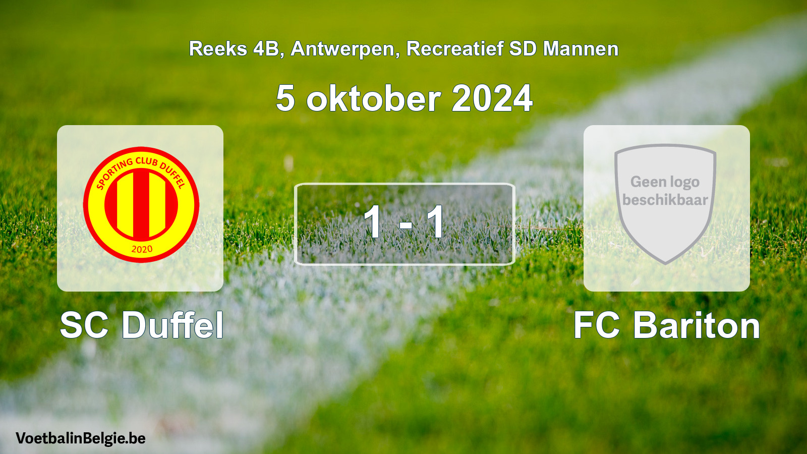 Gespeelde wedstrijd recreatiefvoetbal: SC Duffel - FC Bariton 1 - 1 (5 oktober 2024)