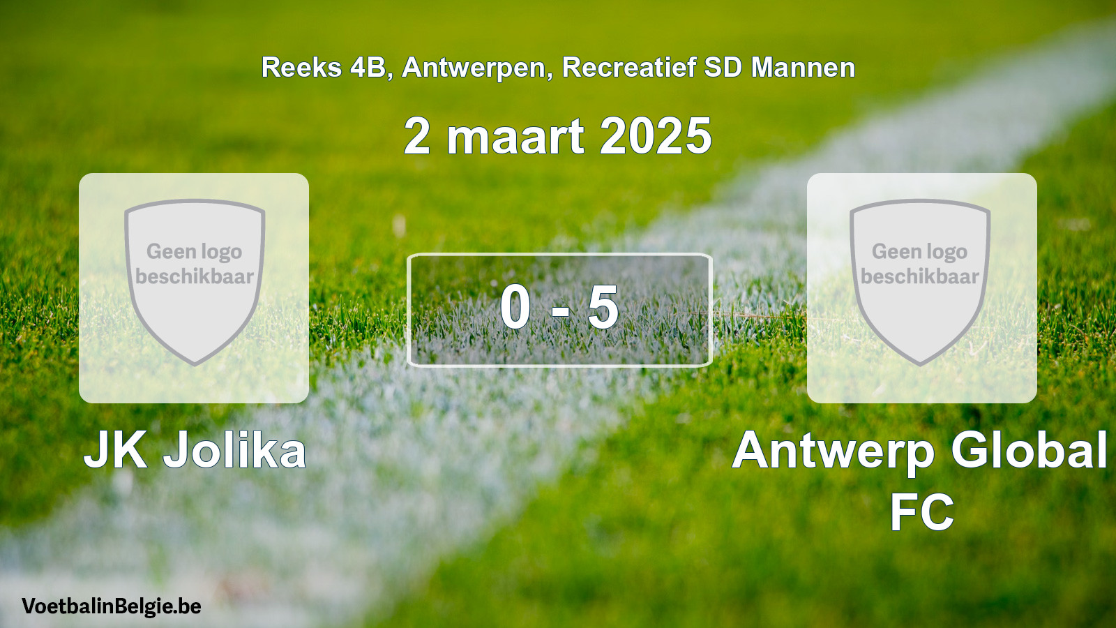 Gespeelde wedstrijd recreatiefvoetbal: JK Jolika - Antwerp Global FC 0 - 5 (2 maart 2025)