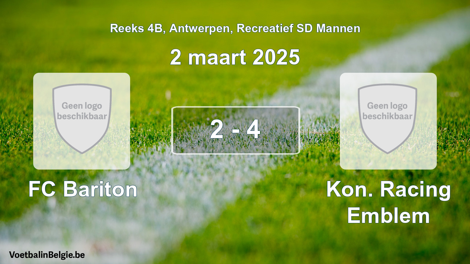 Gespeelde wedstrijd recreatiefvoetbal: FC Bariton - Kon. Racing Emblem 2 - 4 (2 maart 2025)