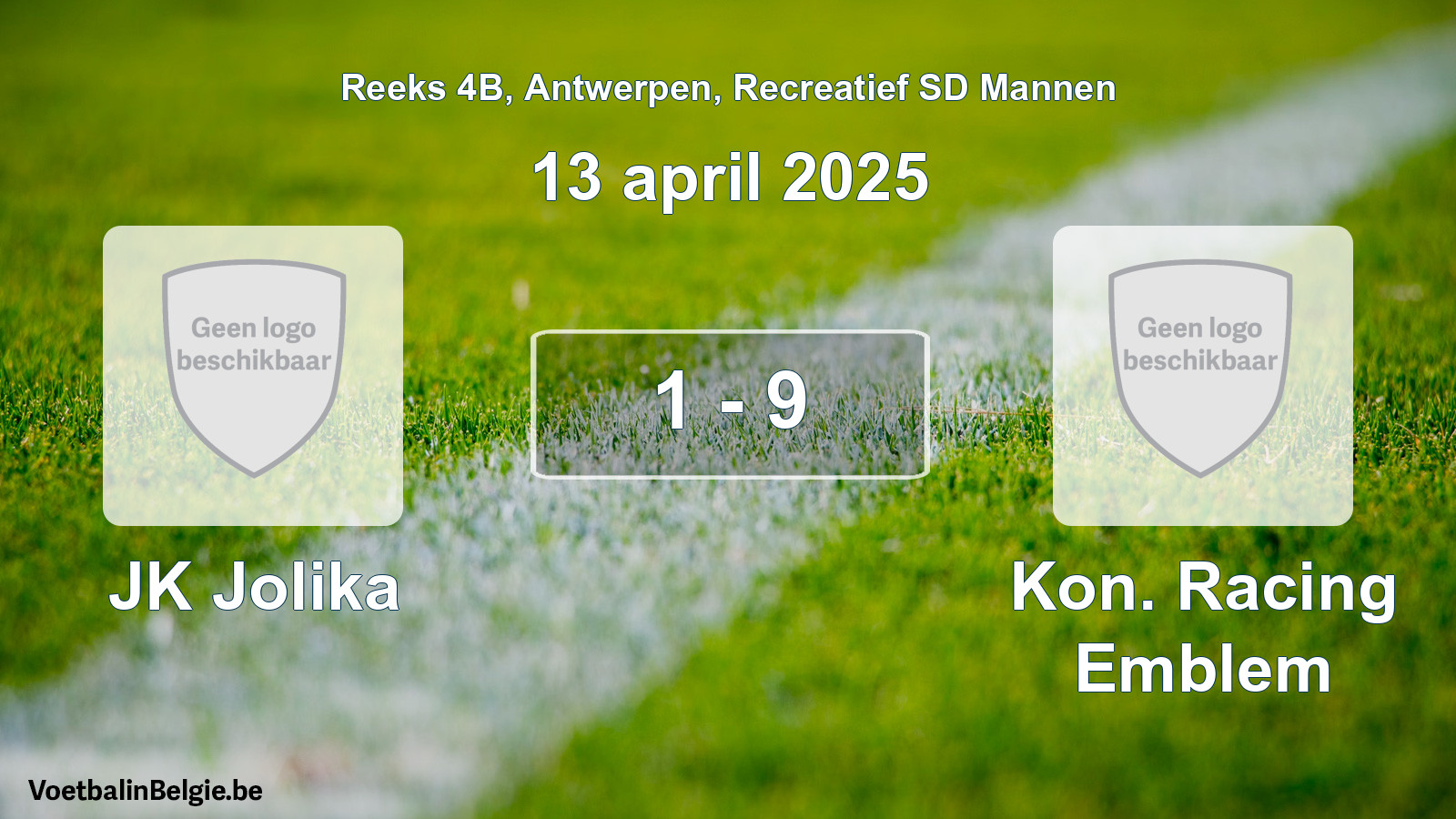 Gespeelde wedstrijd recreatiefvoetbal: JK Jolika - Kon. Racing Emblem 1 - 9 (13 april 2025)