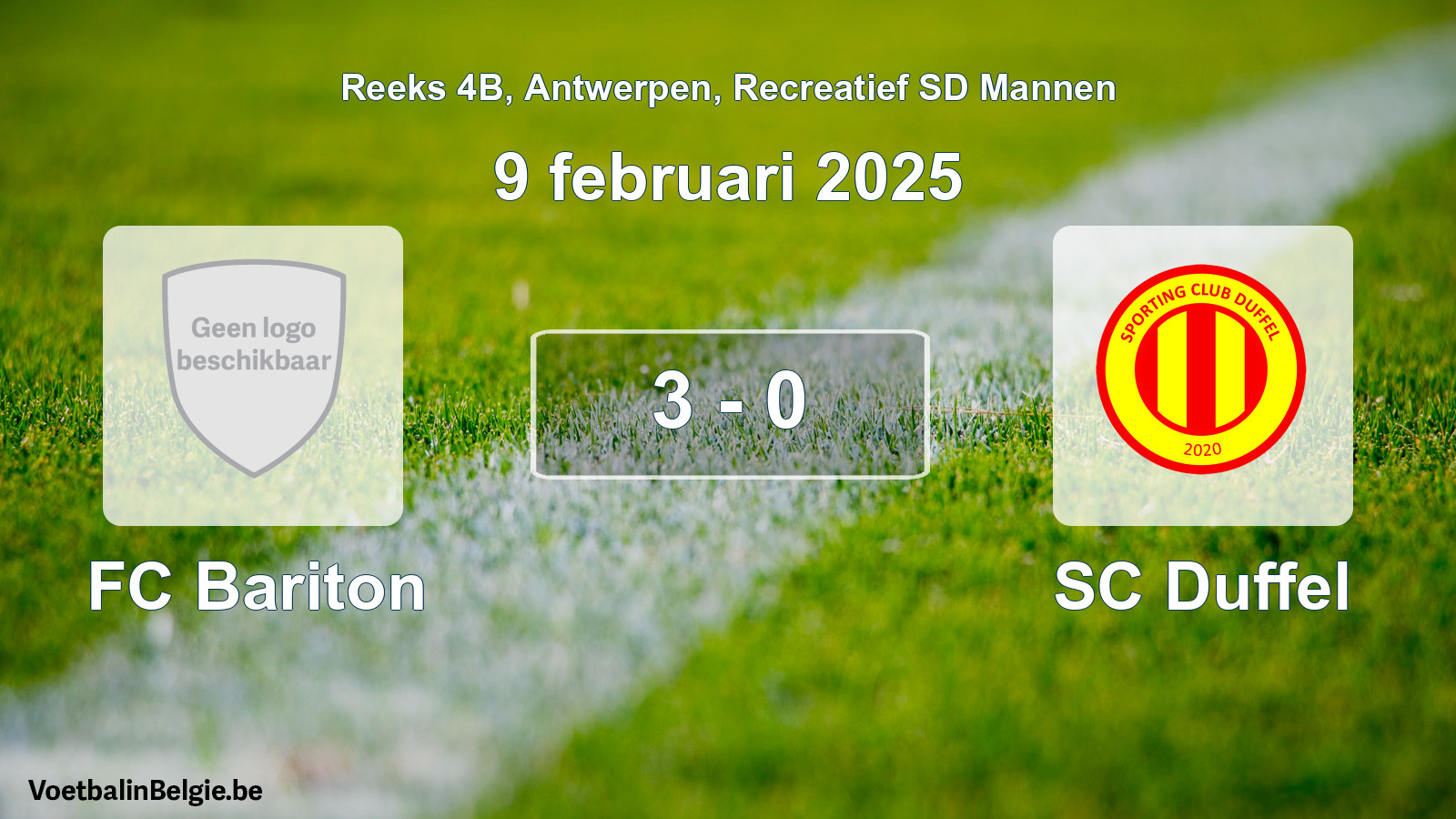 Gespeelde wedstrijd recreatiefvoetbal: FC Bariton - SC Duffel 3 - 0 (9 februari 2025)