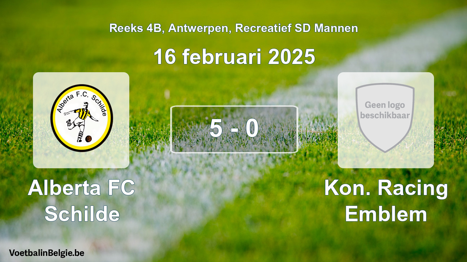 Gespeelde wedstrijd recreatiefvoetbal: Alberta FC Schilde - Kon. Racing Emblem 5 - 0 (16 februari 2025)