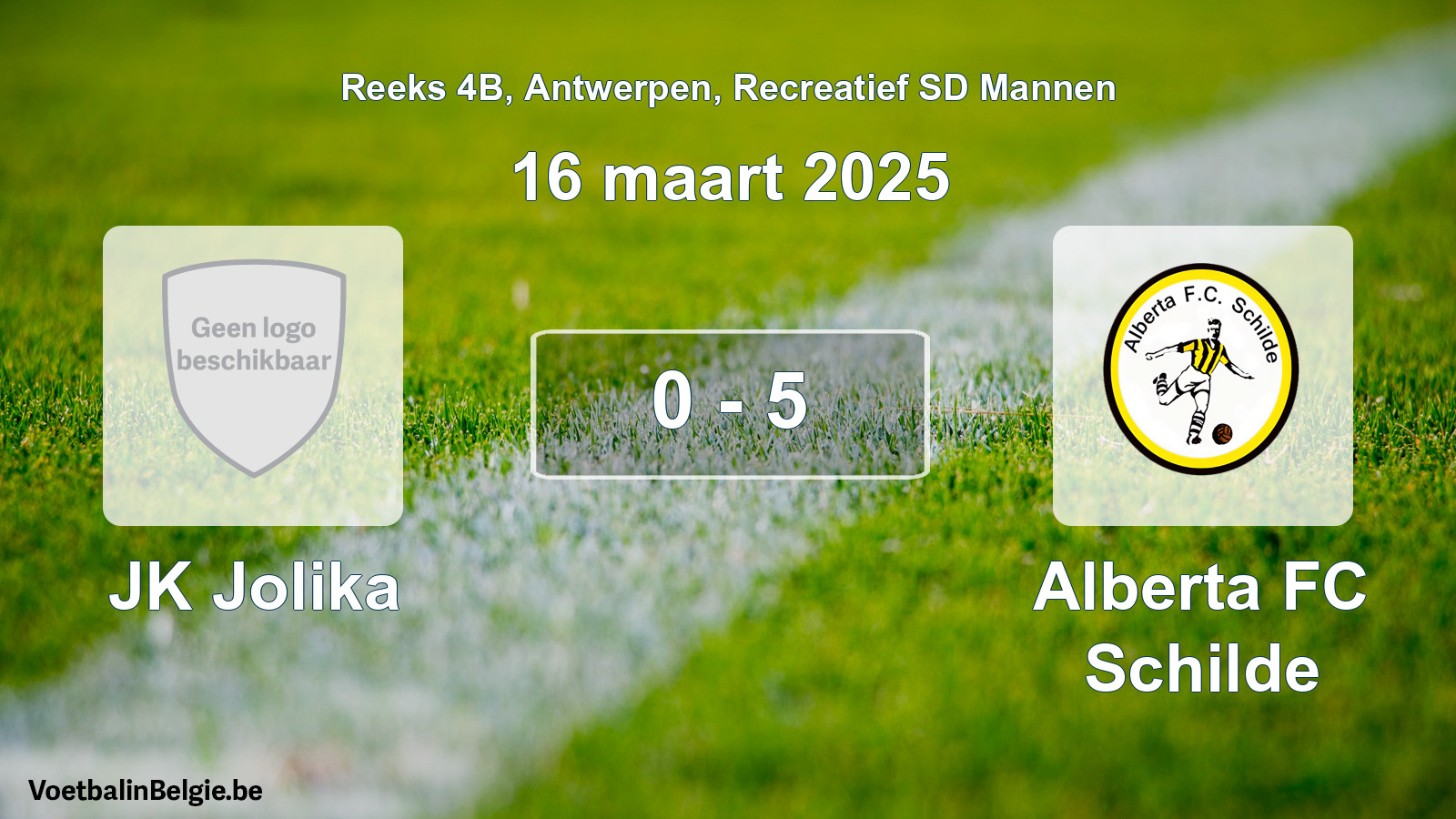 Gespeelde wedstrijd recreatiefvoetbal: JK Jolika - Alberta FC Schilde 0 - 5 (16 maart 2025)