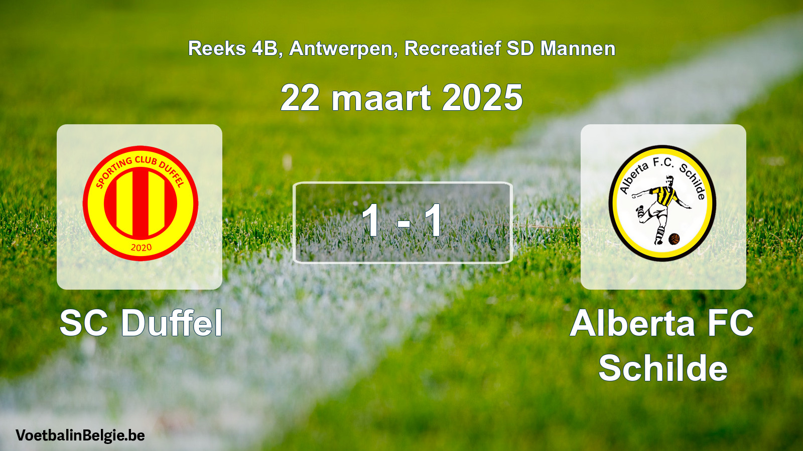 Gespeelde wedstrijd recreatiefvoetbal: SC Duffel - Alberta FC Schilde 1 - 1 (22 maart 2025)