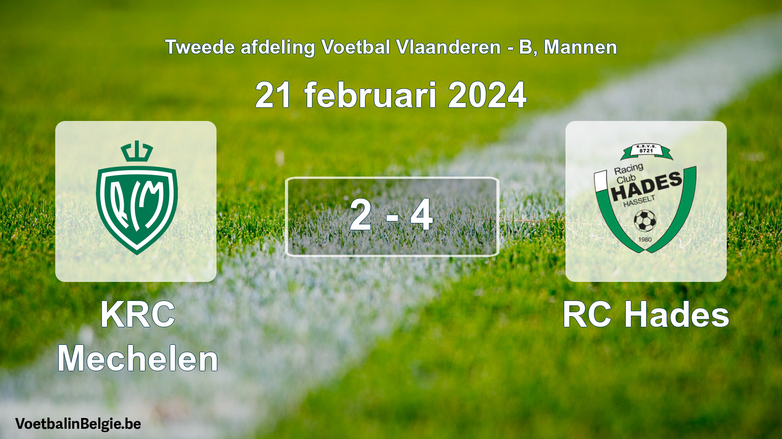 Gespeelde wedstrijd mannenvoetbal: KRC Mechelen - RC Hades 2 - 4 (21 februari 2024)