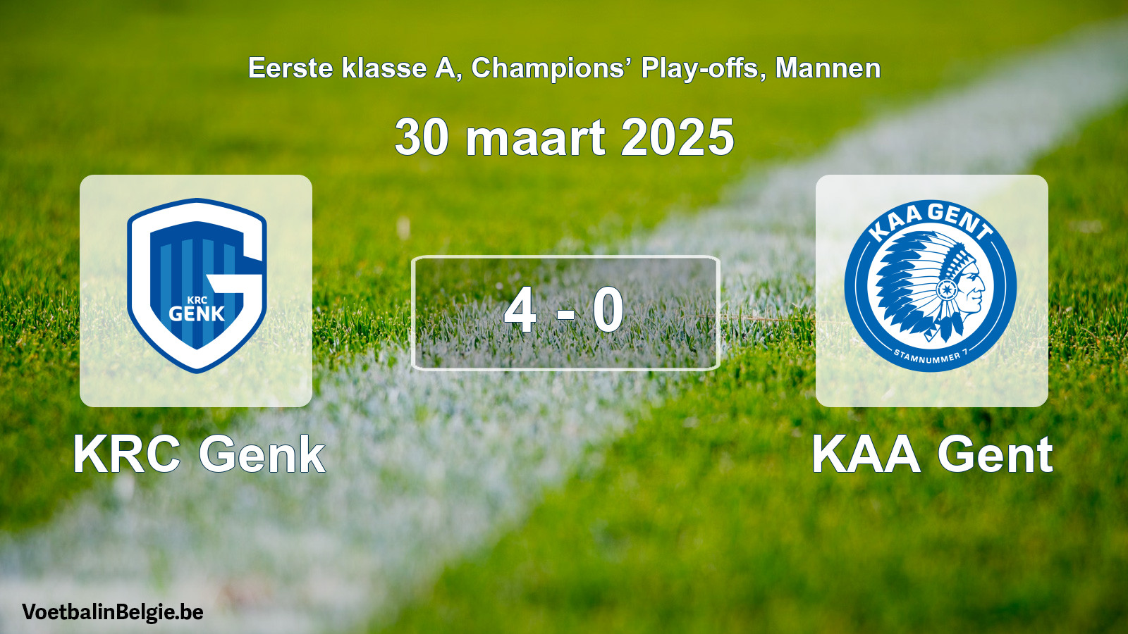 Gespeelde wedstrijd mannenvoetbal: KRC Genk - KAA Gent 4 - 0 (30 maart 2025)