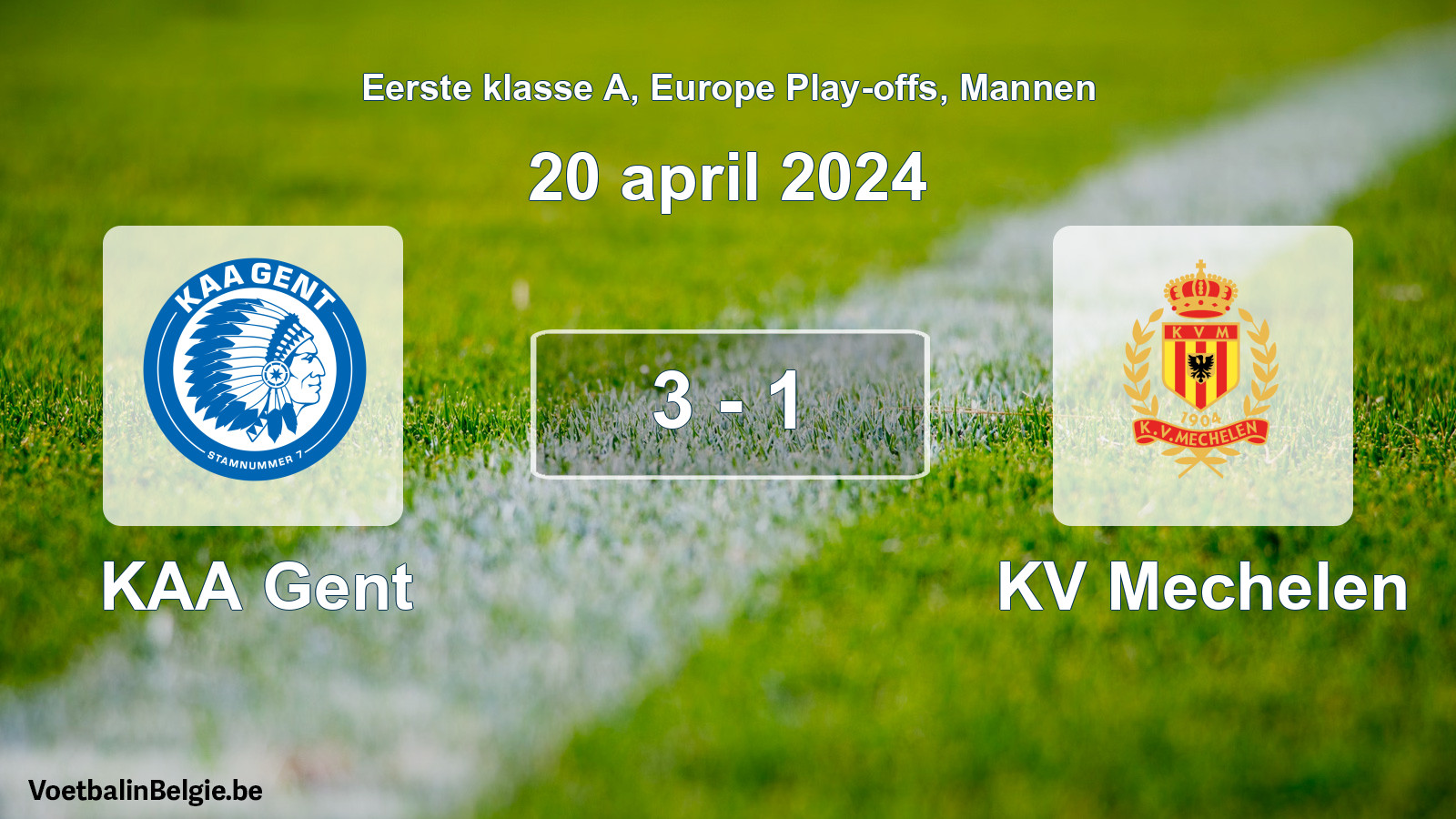 Gespeelde wedstrijd mannenvoetbal: KAA Gent - KV Mechelen 3 - 1 (20 april 2024)