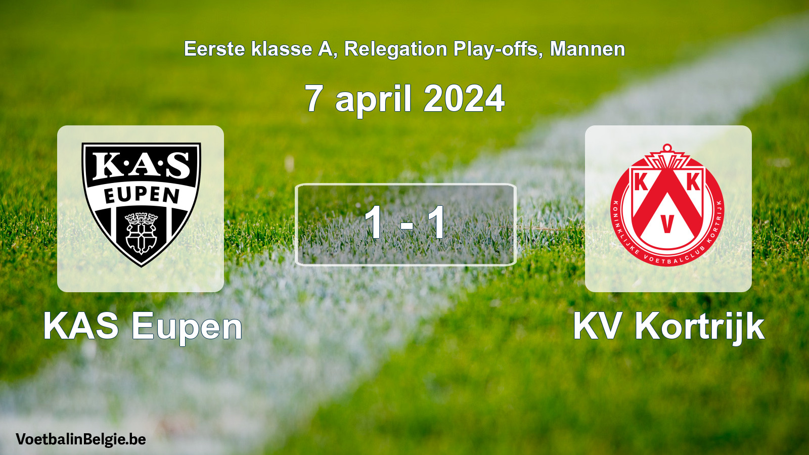 Gespeelde wedstrijd mannenvoetbal: KAS Eupen - KV Kortrijk 1 - 1 (7 april 2024)