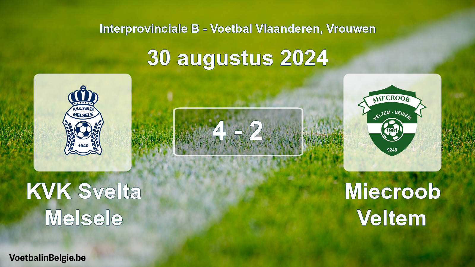 Played match women football: KVK Svelta Melsele - Miecroob Veltem 4 - 2 (30 August 2024)