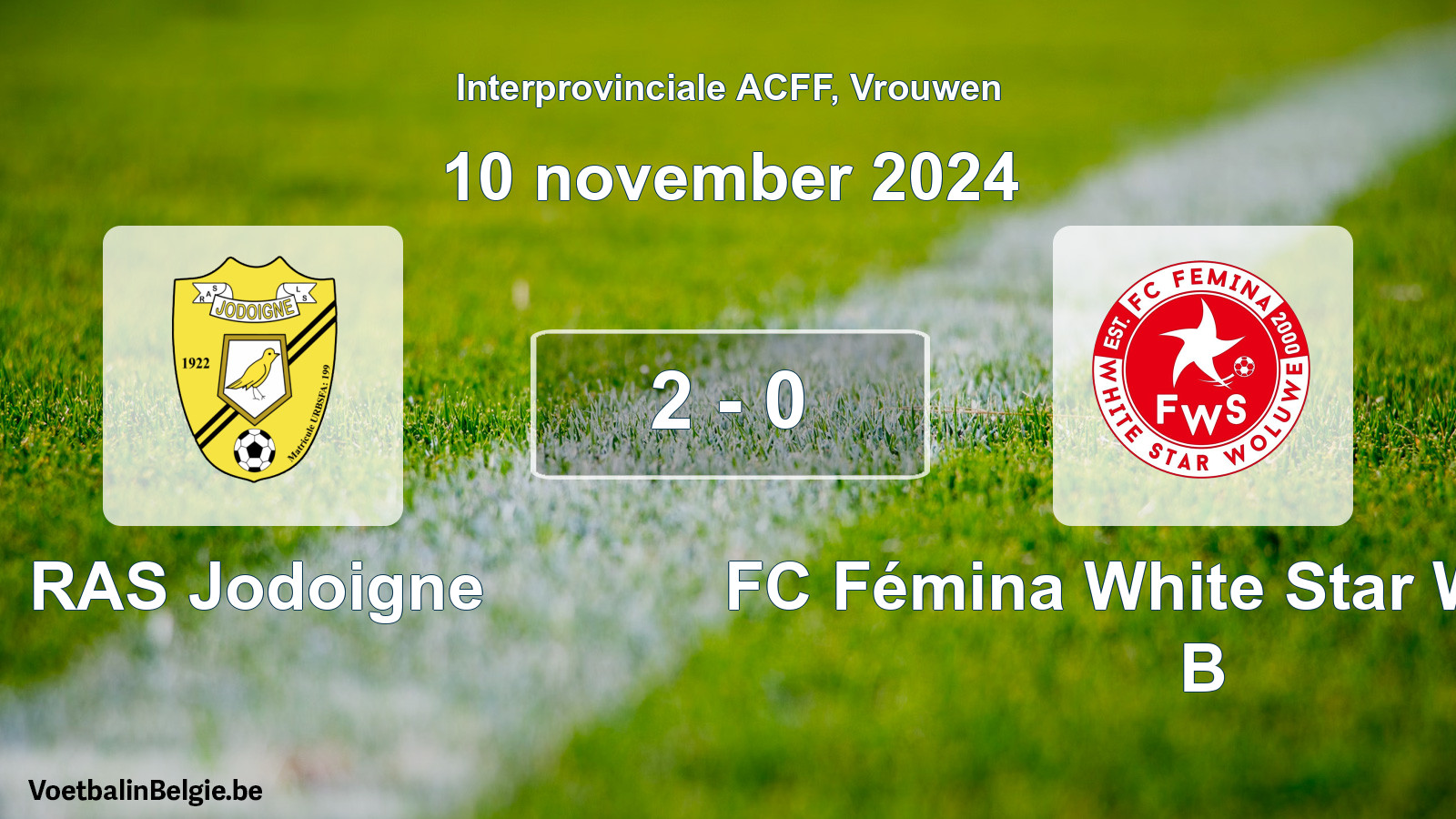 Gespeelde wedstrijd vrouwenvoetbal: RAS Jodoigne - FC Fémina White Star Woluwe B 2 - 0 (10 november 2024)