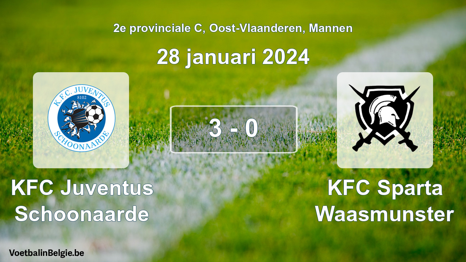 Gespeelde wedstrijd mannenvoetbal: KFC Juventus Schoonaarde - KFC Sparta Waasmunster 3 - 0 (28 januari 2024)