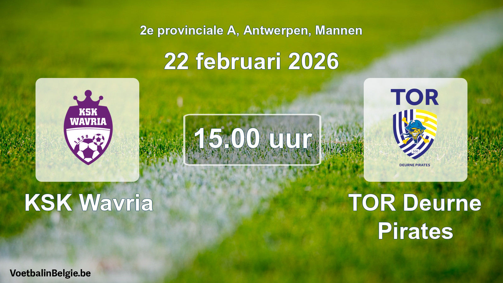 Scheduled match men football: KSK Wavria - TOR Deurne Pirates (22 February 2026)