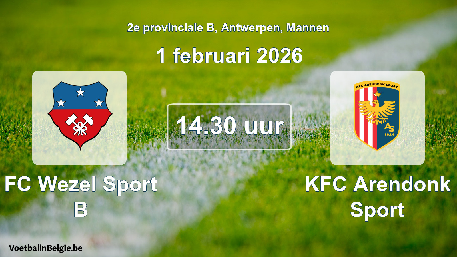 Geplande wedstrijd mannenvoetbal: FC Wezel Sport B - KFC Arendonk Sport (1 februari 2026)