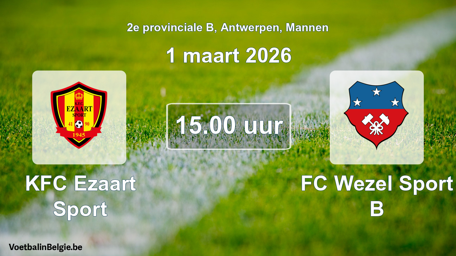 Geplande wedstrijd mannenvoetbal: KFC Ezaart Sport - FC Wezel Sport B (1 maart 2026)
