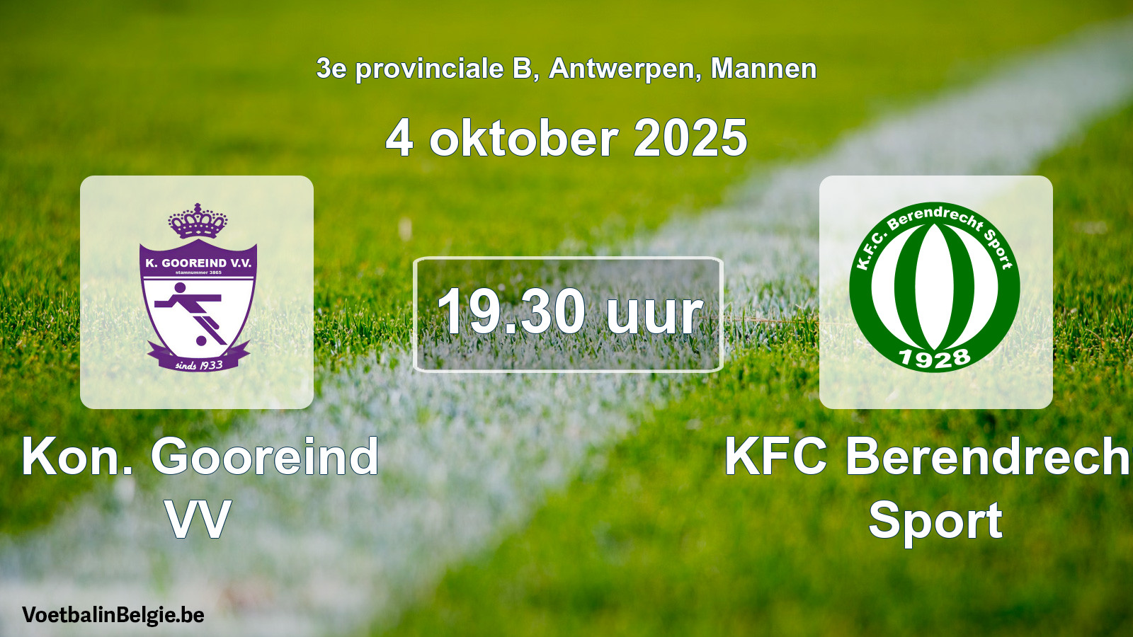 Geplande wedstrijd mannenvoetbal: Kon. Gooreind VV - KFC Berendrecht Sport (4 oktober 2025)