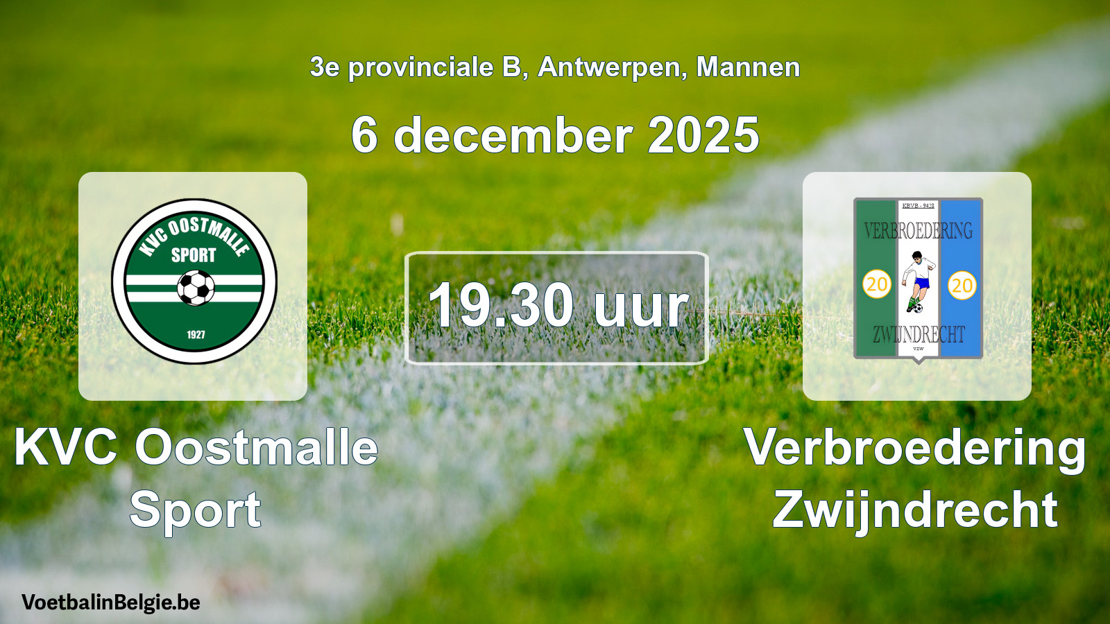 Geplande wedstrijd mannenvoetbal: KVC Oostmalle Sport - Verbroedering Zwijndrecht (6 december 2025)
