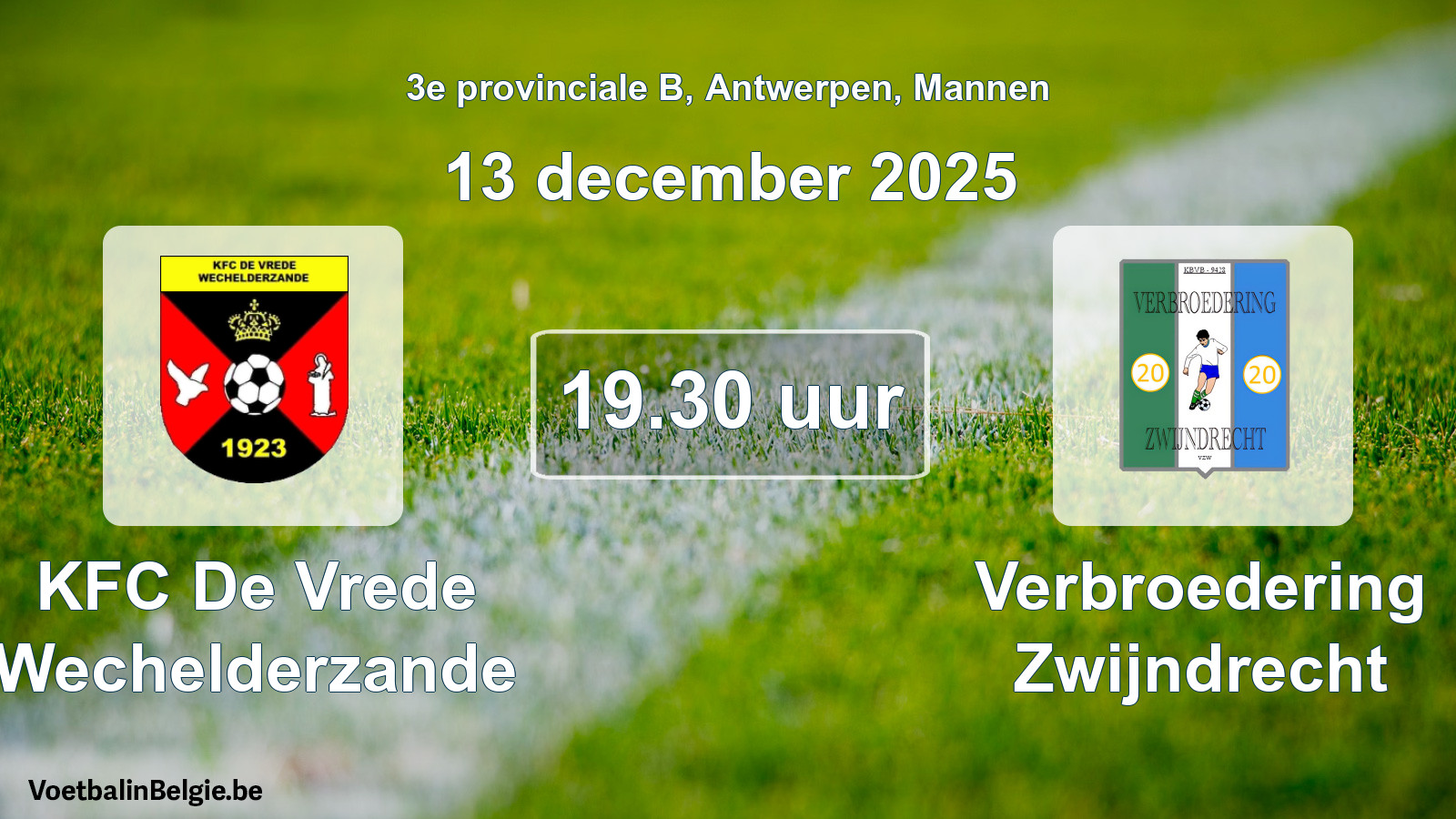 Geplande wedstrijd mannenvoetbal: KFC De Vrede Wechelderzande - Verbroedering Zwijndrecht (13 december 2025)