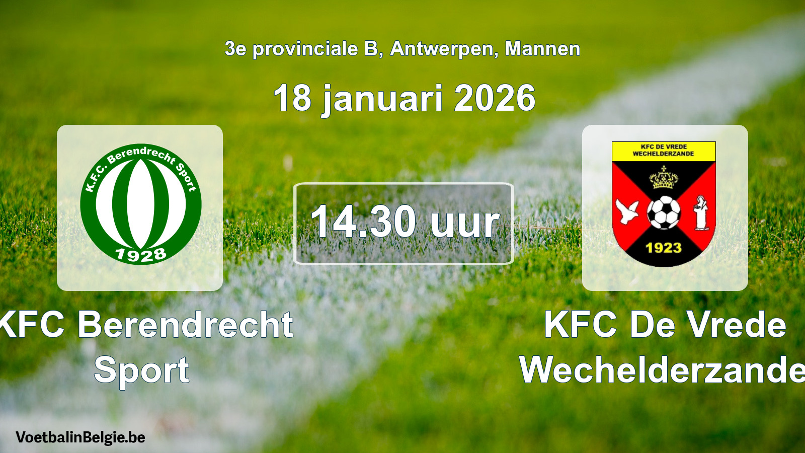 Geplantes Spiel männer-Fußball: KFC Berendrecht Sport - KFC De Vrede Wechelderzande (18 Januar 2026)