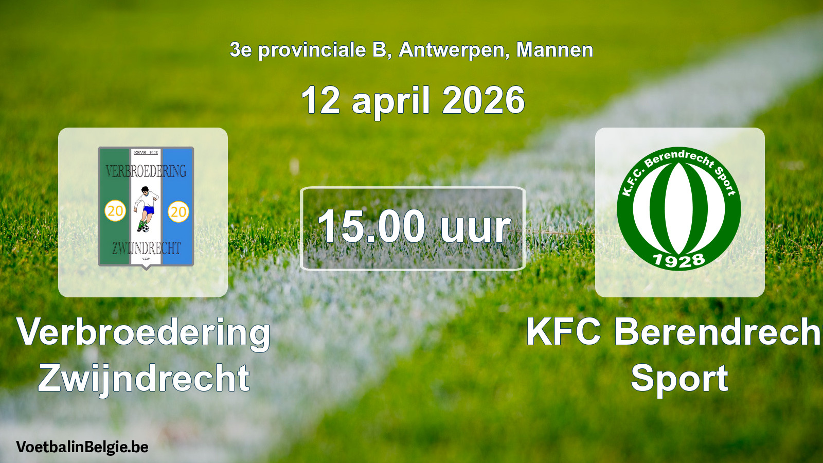Geplantes Spiel männer-Fußball: Verbroedering Zwijndrecht - KFC Berendrecht Sport (12 April 2026)