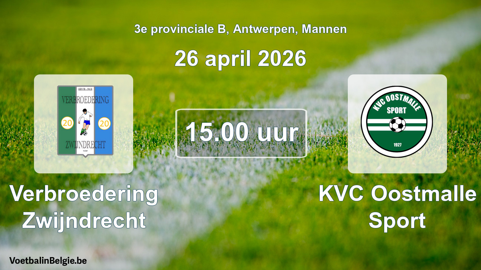 Scheduled match men football: Verbroedering Zwijndrecht - KVC Oostmalle Sport (26 April 2026)
