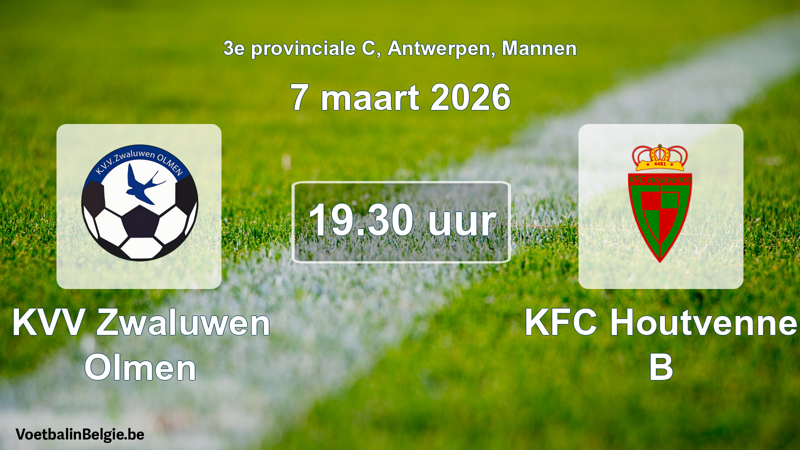 Match prévu football hommes: KVV Zwaluwen Olmen - KFC Houtvenne B (7 mars 2026)