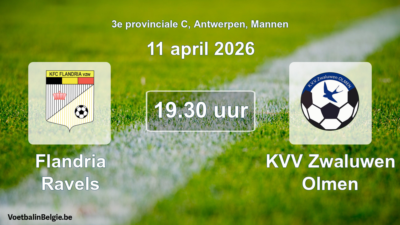 Match prévu football hommes: Flandria Ravels - KVV Zwaluwen Olmen (11 avril 2026)