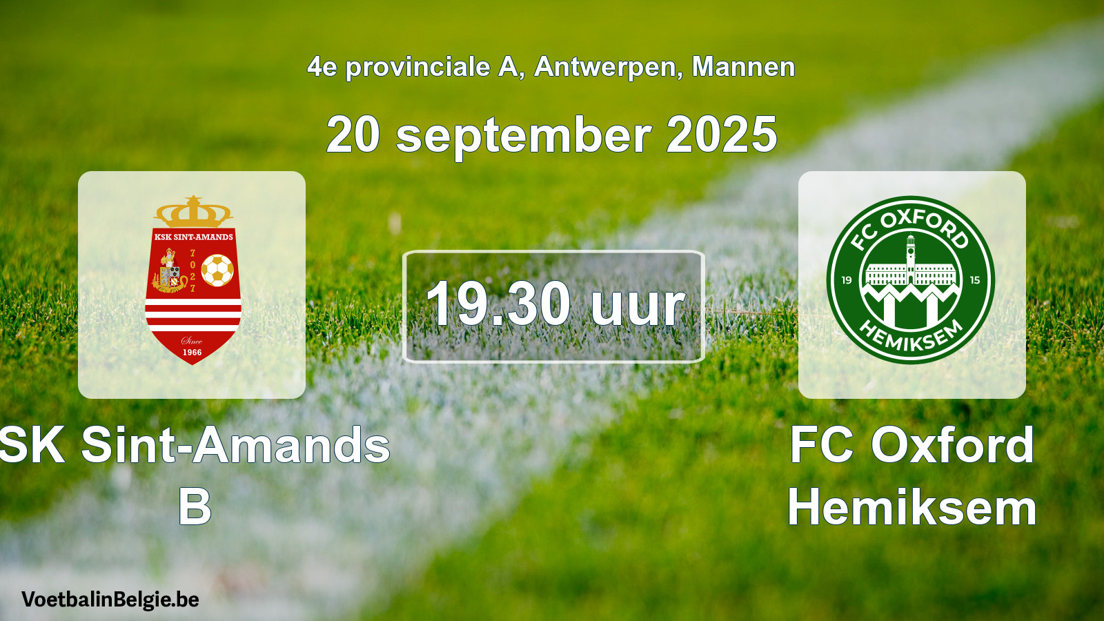Geplande wedstrijd mannenvoetbal: SK Sint-Amands B - FC Oxford Hemiksem (20 september 2025)