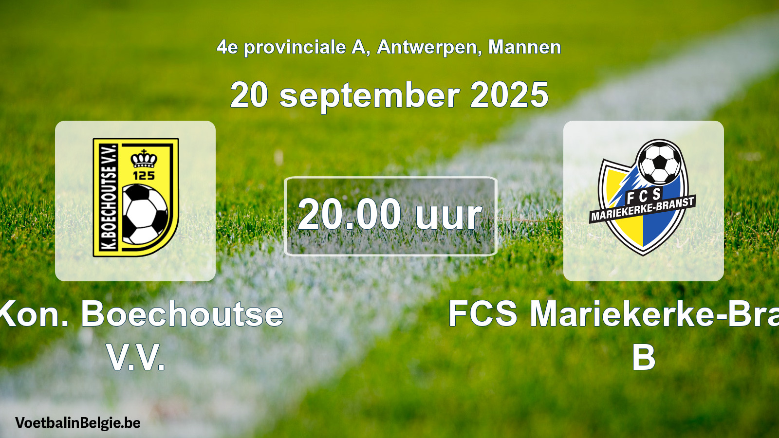 Geplande wedstrijd mannenvoetbal: Kon. Boechoutse V.V. - FCS Mariekerke-Branst B (20 september 2025)