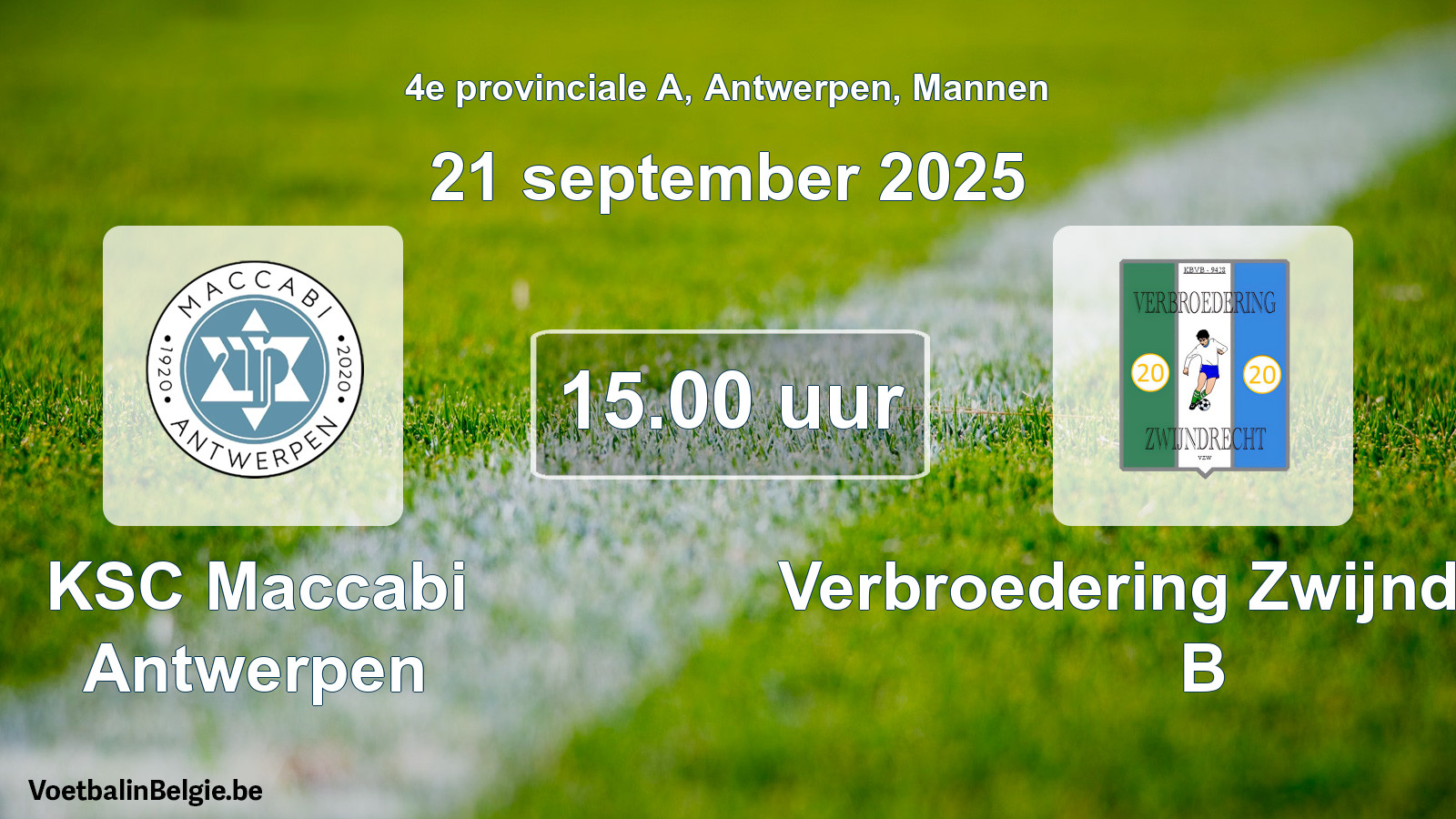 Geplande wedstrijd mannenvoetbal: KSC Maccabi Antwerpen - Verbroedering Zwijndrecht B (21 september 2025)