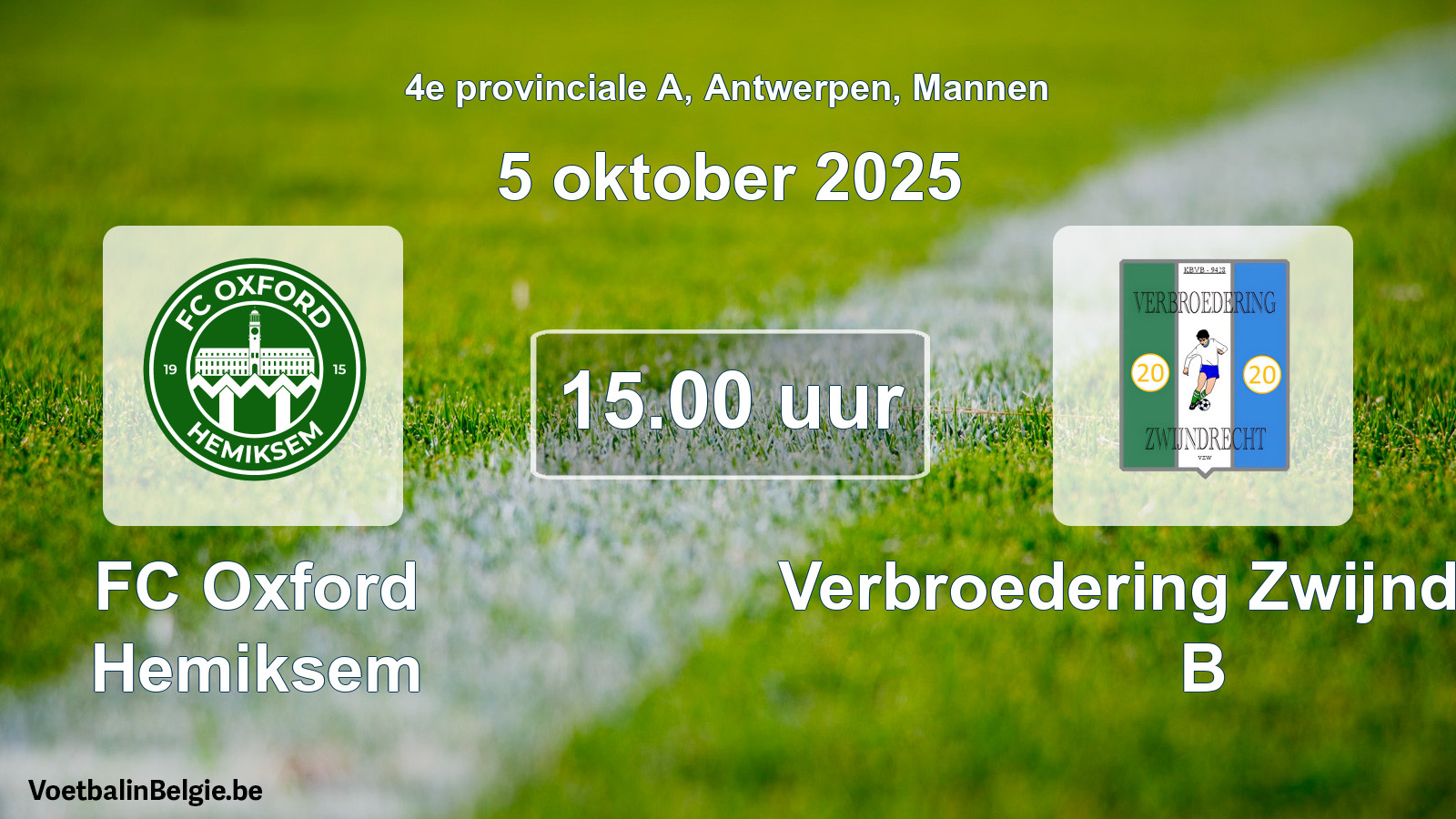 Geplande wedstrijd mannenvoetbal: FC Oxford Hemiksem - Verbroedering Zwijndrecht B (5 oktober 2025)
