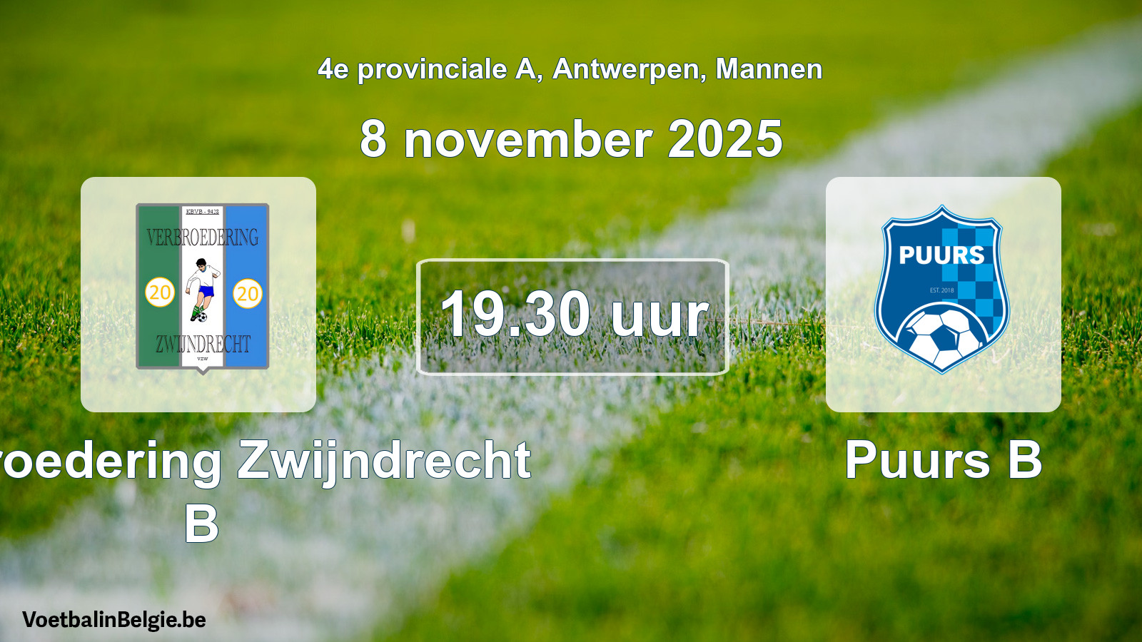 Geplande wedstrijd mannenvoetbal: Verbroedering Zwijndrecht B - Puurs B (8 november 2025)