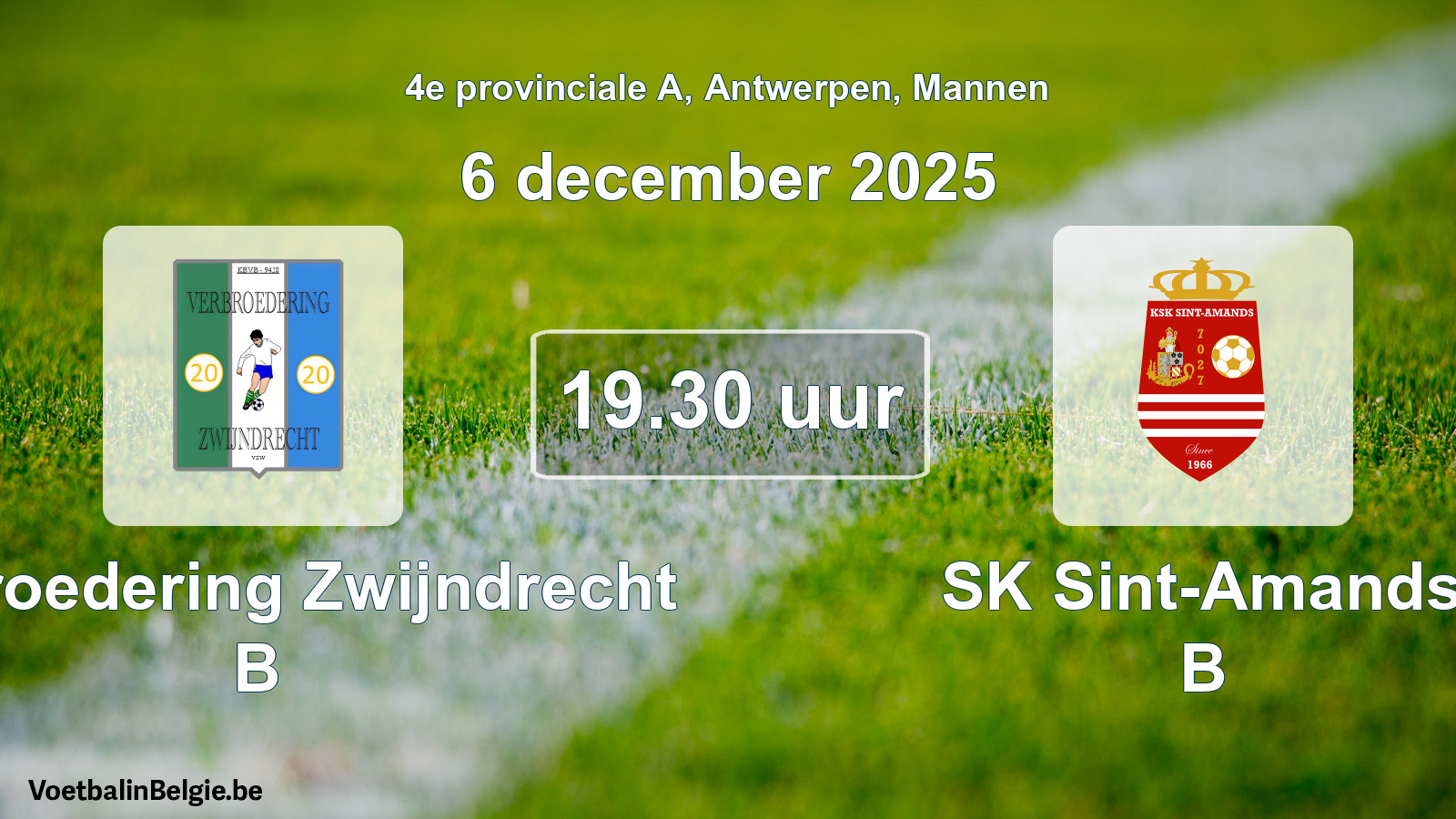 Geplande wedstrijd mannenvoetbal: Verbroedering Zwijndrecht B - SK Sint-Amands B (6 december 2025)