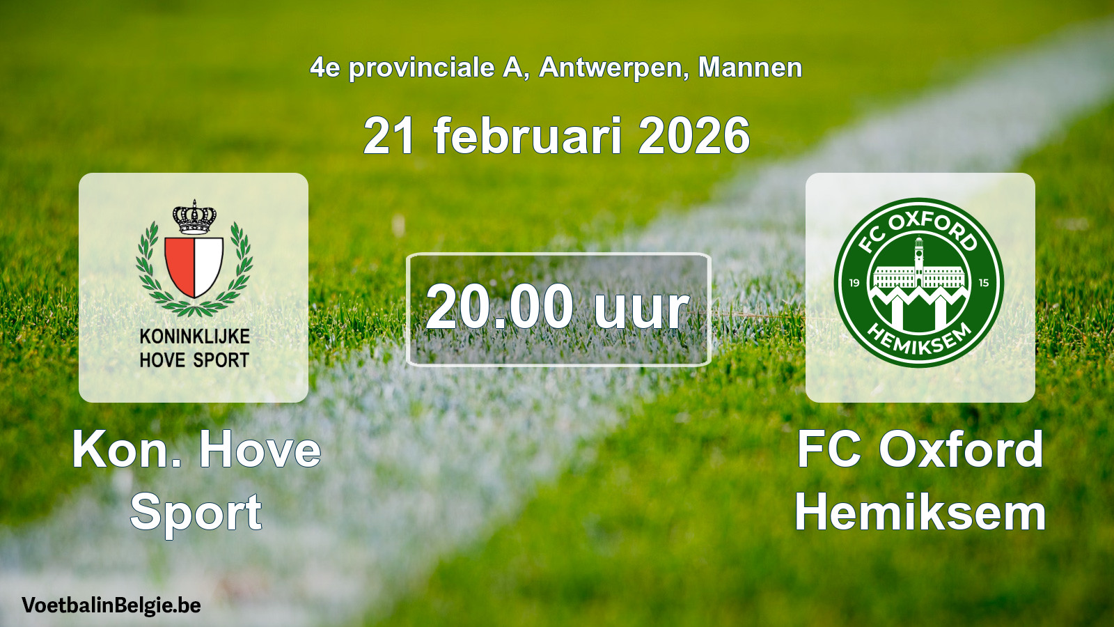 Geplande wedstrijd mannenvoetbal: Kon. Hove Sport - FC Oxford Hemiksem (21 februari 2026)