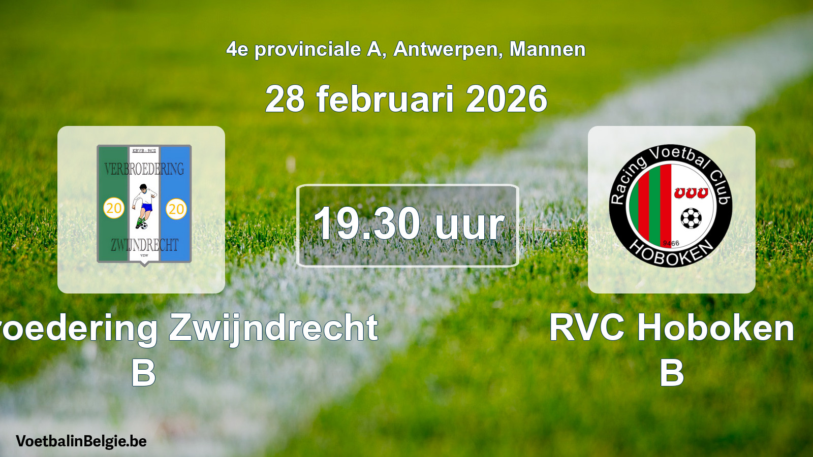 Geplande wedstrijd mannenvoetbal: Verbroedering Zwijndrecht B - RVC Hoboken B (28 februari 2026)