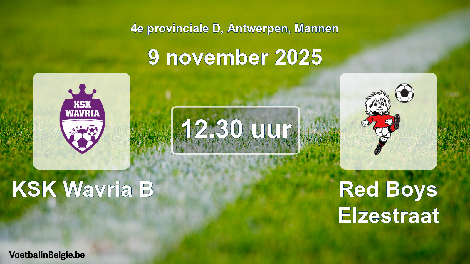 Geplande wedstrijd mannenvoetbal: KSK Wavria B - Red Boys Elzestraat (9 november 2025)