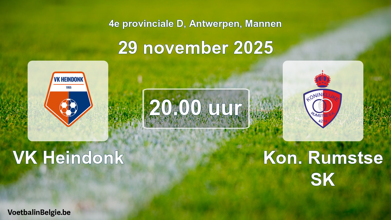Geplande wedstrijd mannenvoetbal: VK Heindonk - Kon. Rumstse SK (29 november 2025)
