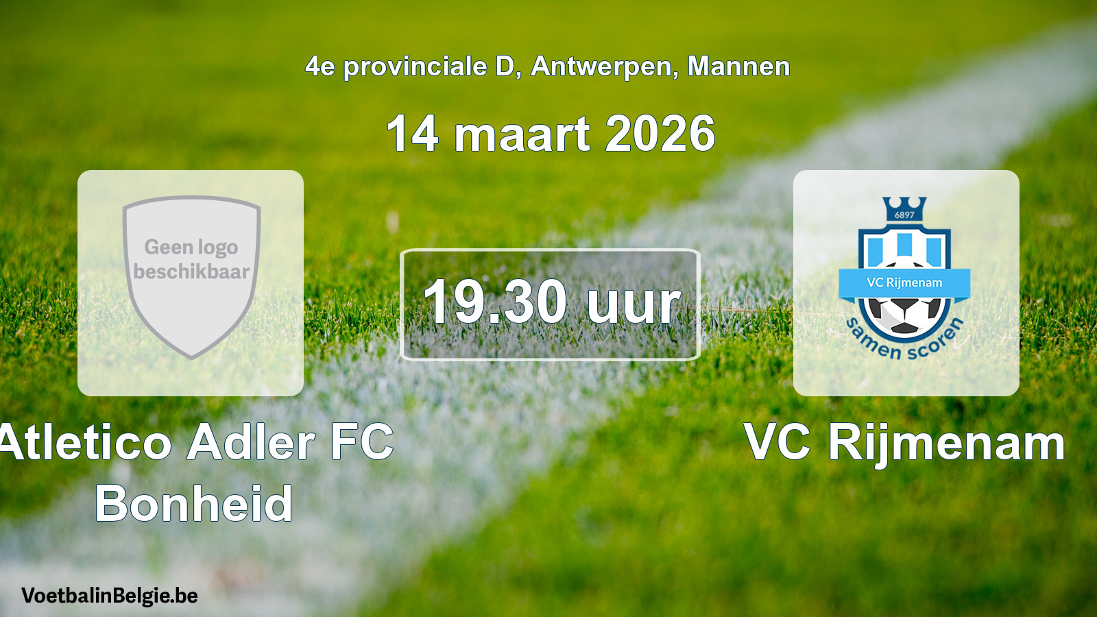Geplande wedstrijd mannenvoetbal: Atletico Adler FC Bonheid - VC Rijmenam (14 maart 2026)
