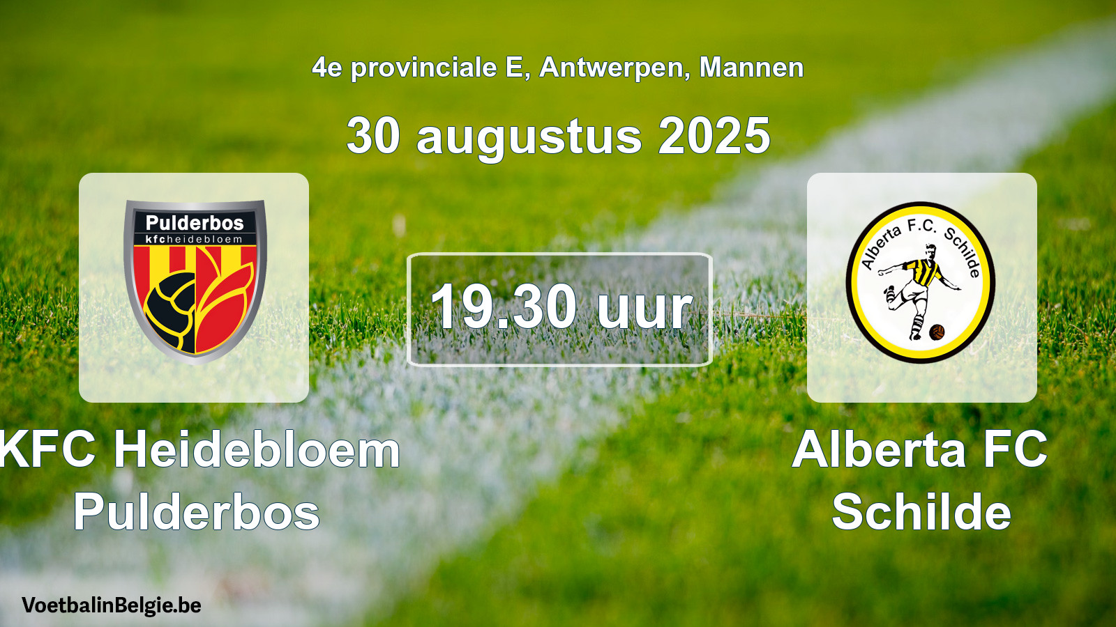 Geplande wedstrijd mannenvoetbal: KFC Heidebloem Pulderbos - Alberta FC Schilde (30 augustus 2025)