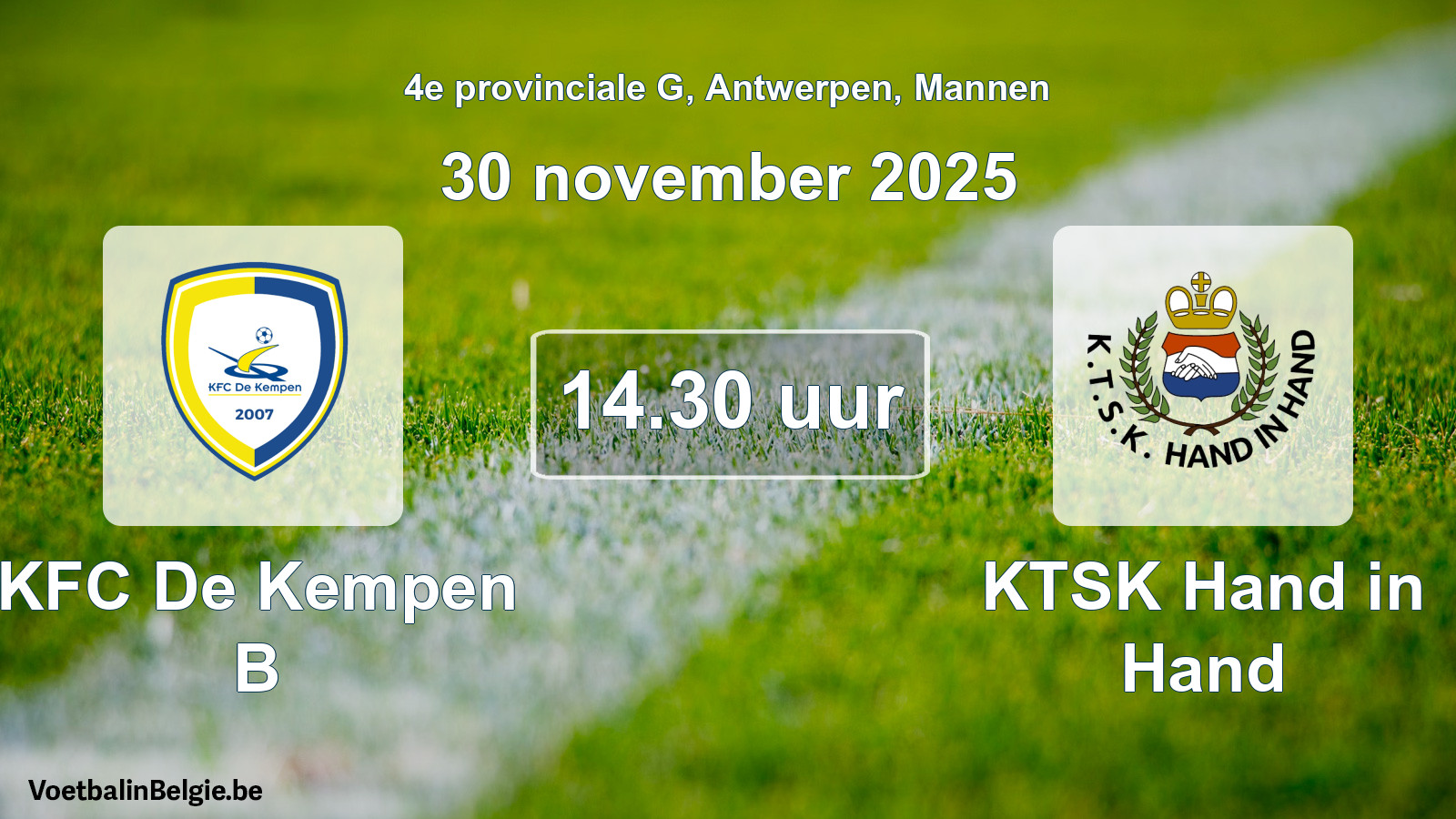 Geplande wedstrijd mannenvoetbal: KFC De Kempen B - KTSK Hand in Hand (30 november 2025)